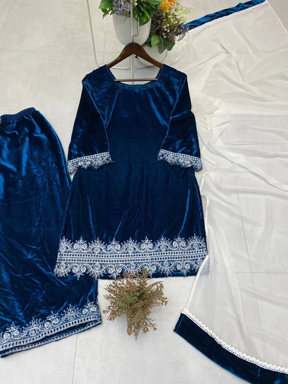 Premium Velvet Embroidery Co-Ord Set with Designer Georgette Dupatta