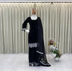 Luxury Velvet Sequence Work Palazzo Suit with Lace-Detail Dupatta
