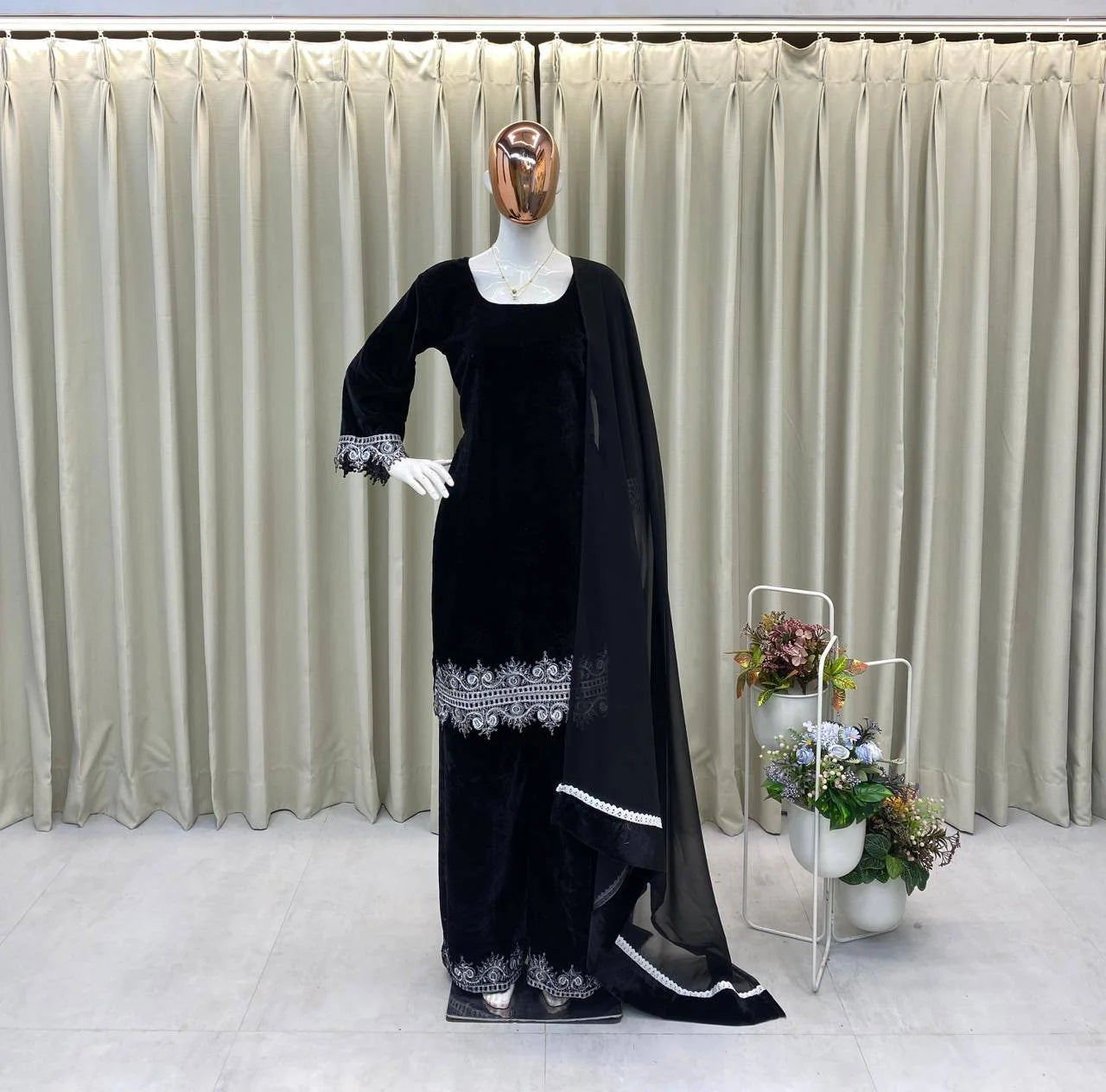 Luxury Velvet Sequence Work Palazzo Suit with Lace-Detail Dupatta