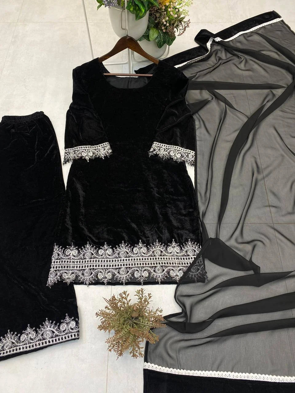 Luxury Velvet Sequence Work Palazzo Suit with Lace-Detail Dupatta