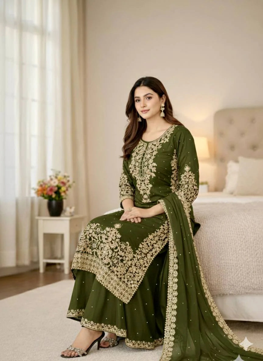 Premium Green Eid Ready-to-Wear Designer Plazzo Set