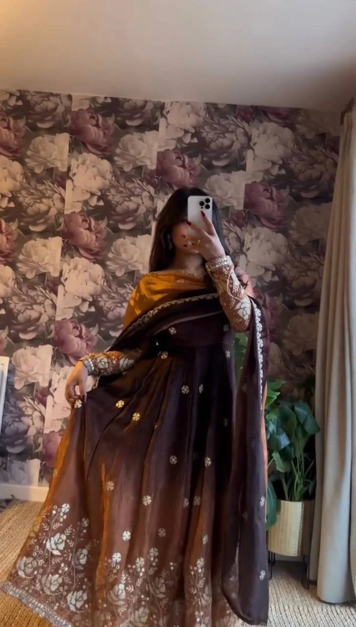 Premium Chinon Silk Anarkali Pant Set with 3.5 Meter Flair