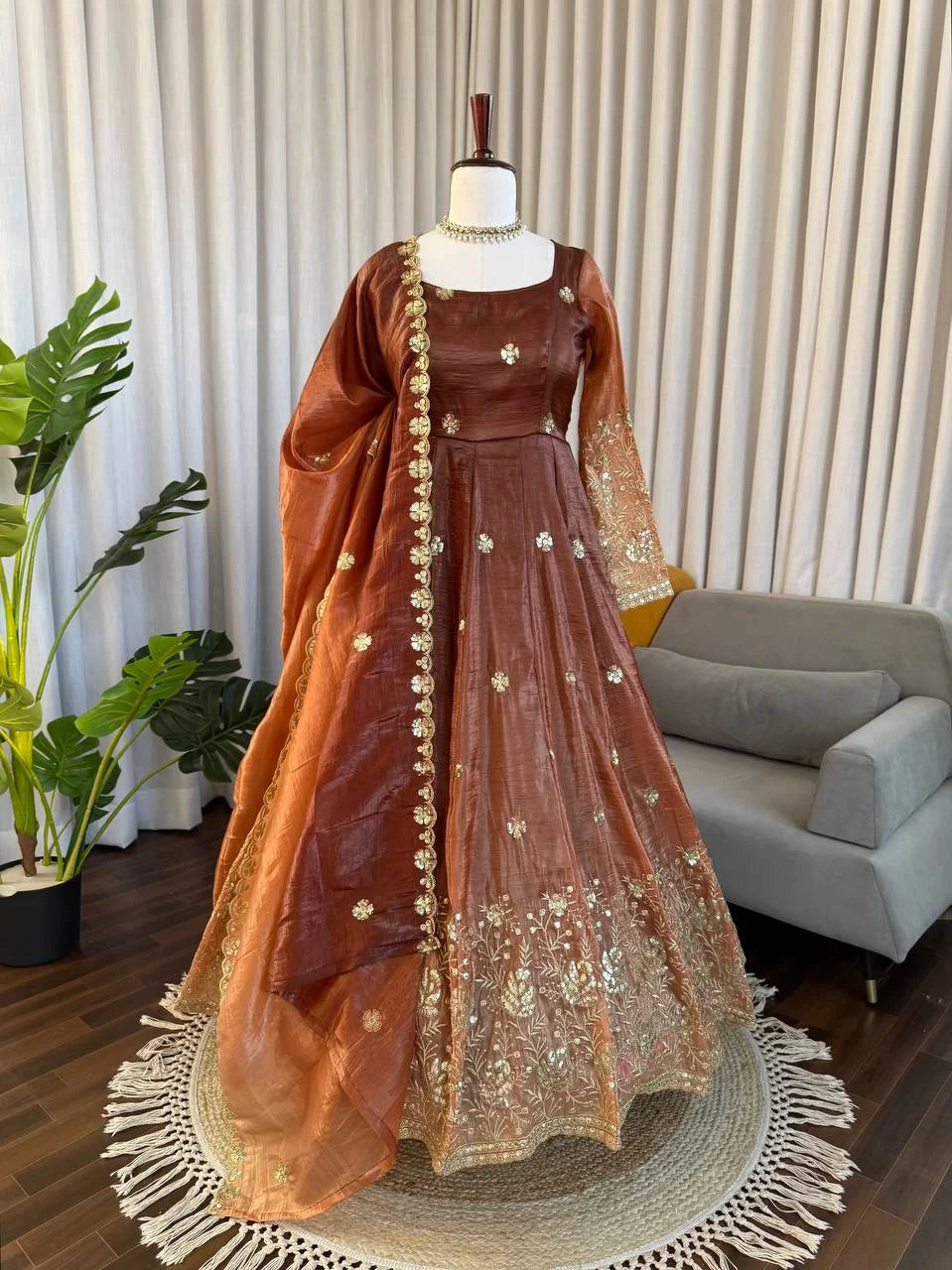 Premium Chinon Silk Anarkali Pant Set with 3.5 Meter Flair