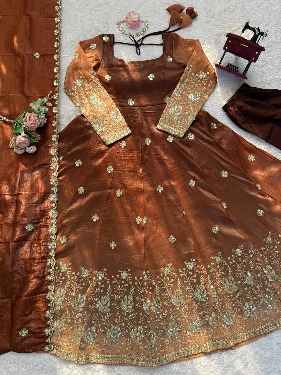 Premium Chinon Silk Anarkali Pant Set with 3.5 Meter Flair