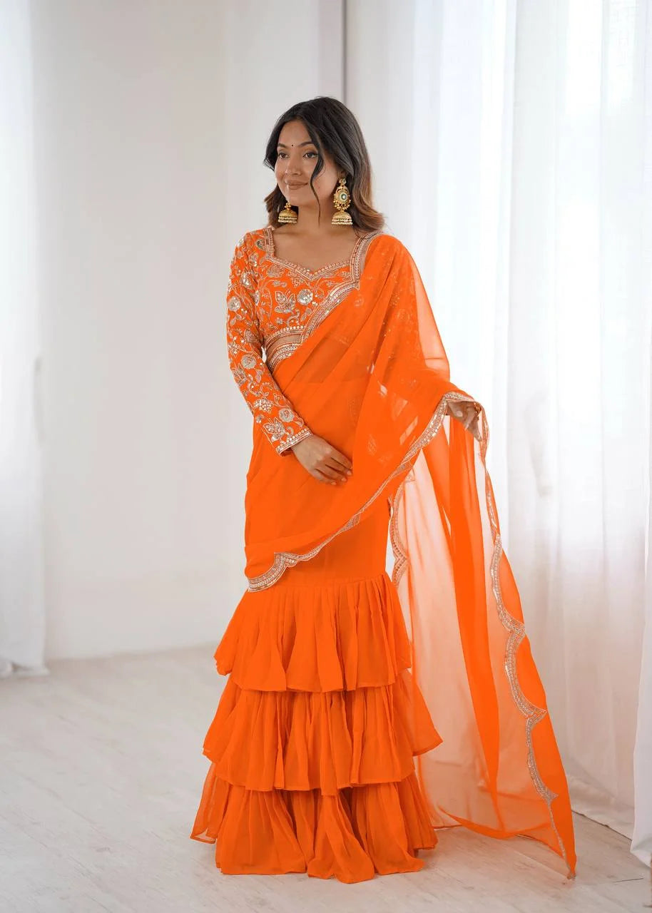 Elegant Faux Georgette Ruffle Saree with Thread & Sequence Embroidery