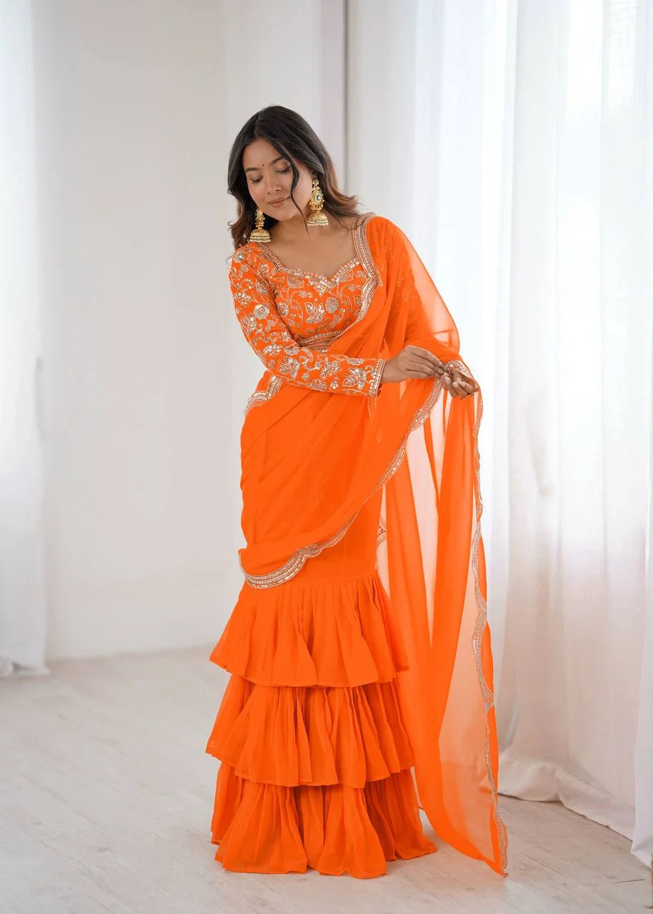 Elegant Faux Georgette Ruffle Saree with Thread & Sequence Embroidery