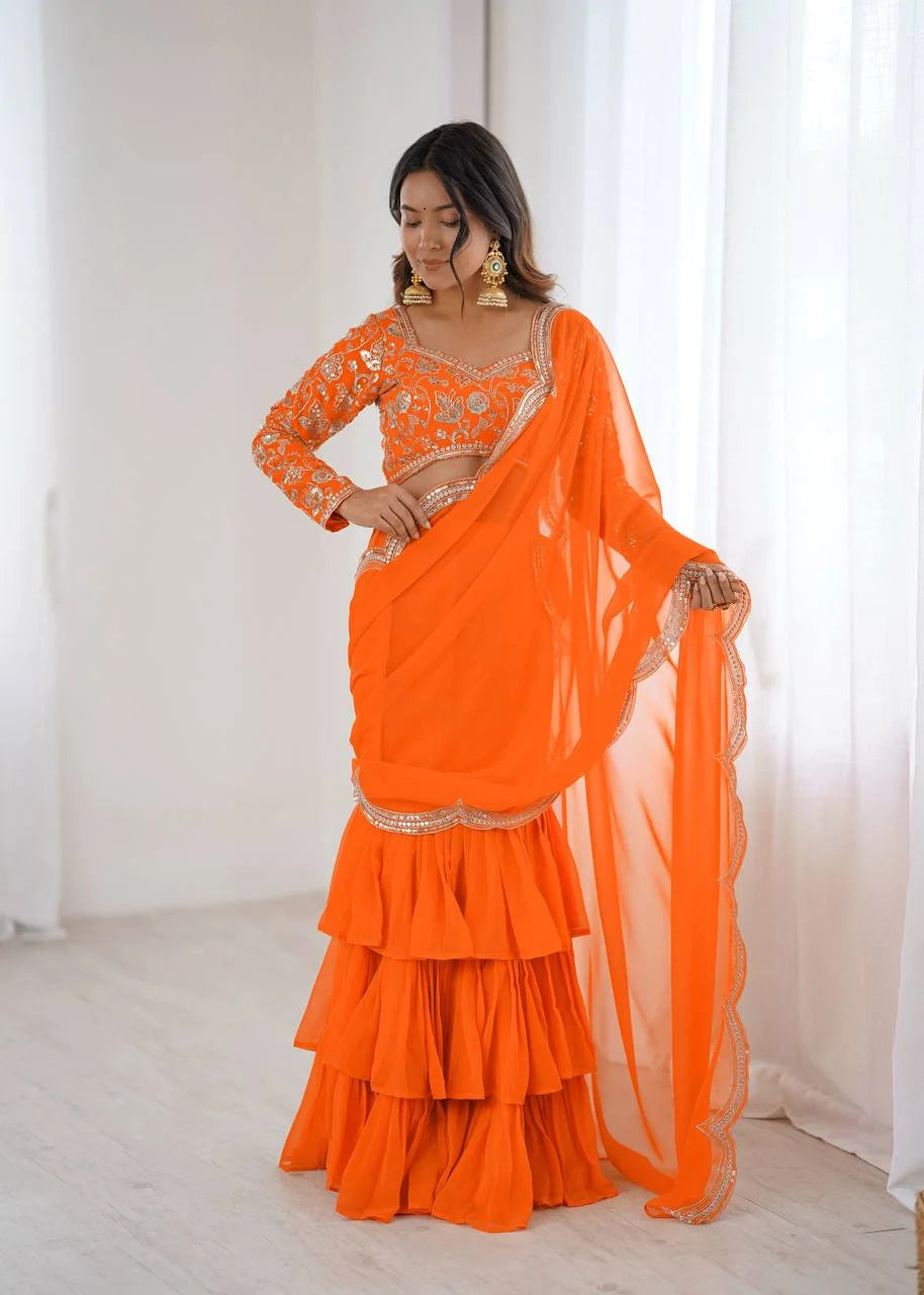 Elegant Faux Georgette Ruffle Saree with Thread & Sequence Embroidery