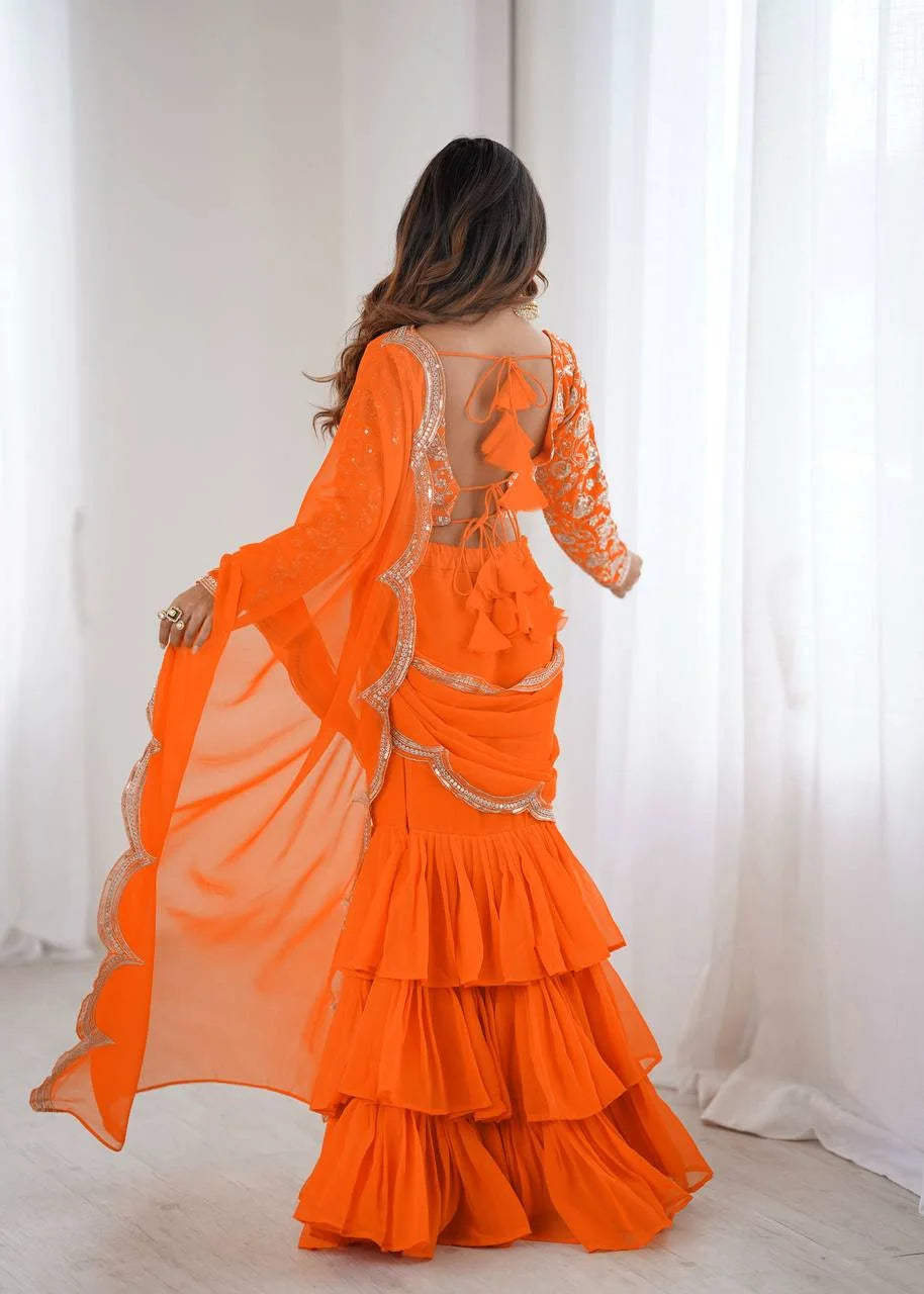 Elegant Faux Georgette Ruffle Saree with Thread & Sequence Embroidery