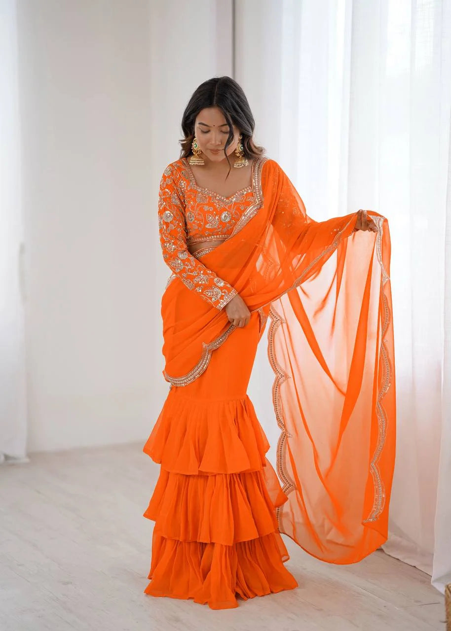 Elegant Faux Georgette Ruffle Saree with Thread & Sequence Embroidery