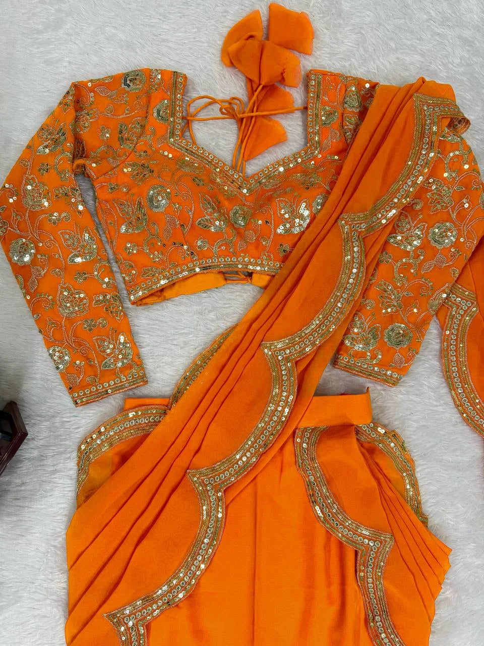 Elegant Faux Georgette Ruffle Saree with Thread & Sequence Embroidery