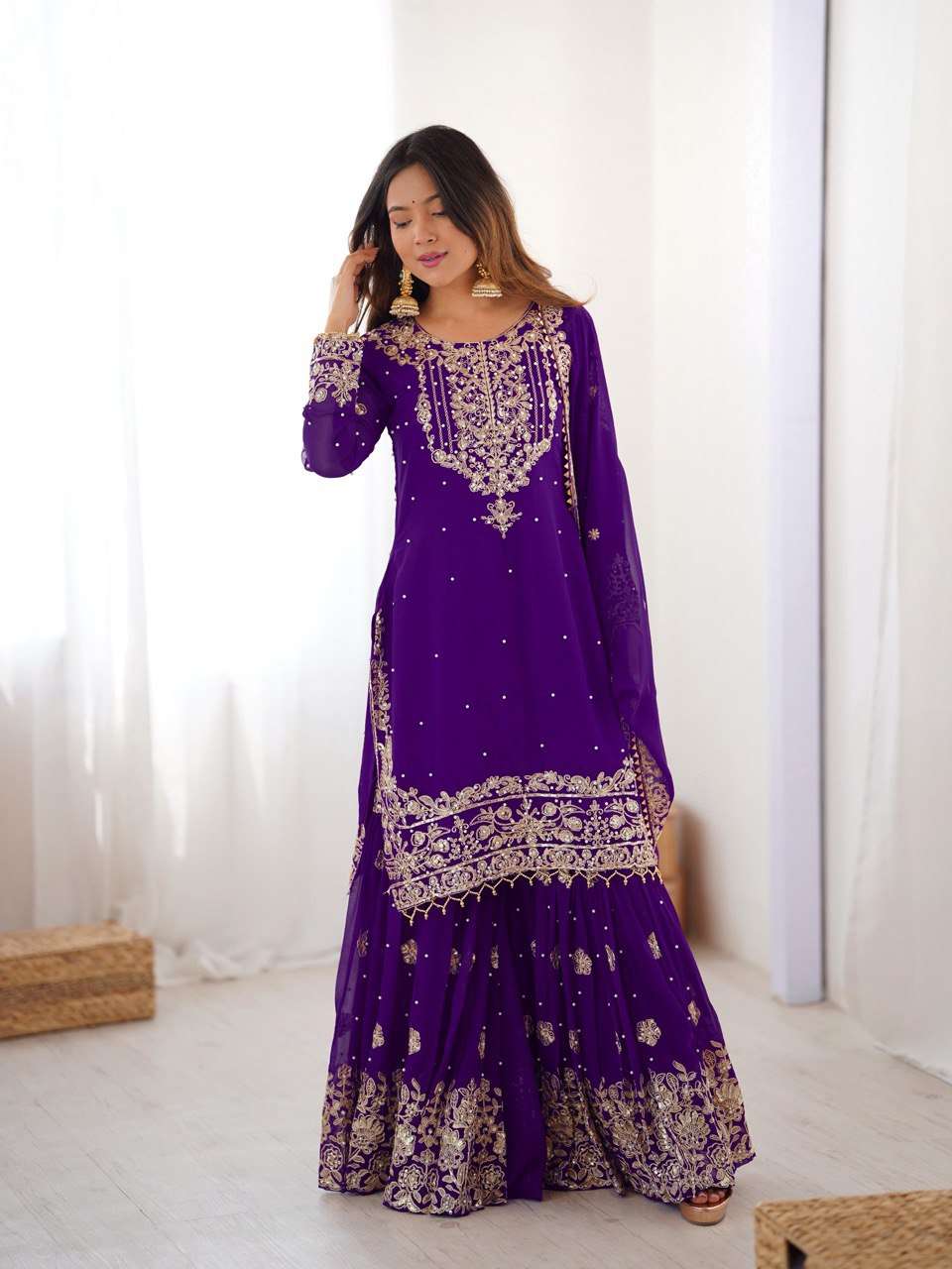 Royal Blue Premium Faux Georgette Eid Sharara Set with Embroidered Dupatta