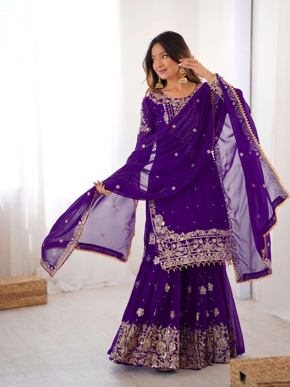 Royal Blue Premium Faux Georgette Eid Sharara Set with Embroidered Dupatta
