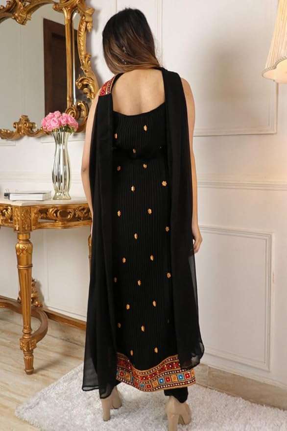 Women's Georgette Embroidery Straight Kurta with Dupatta Bottom Set