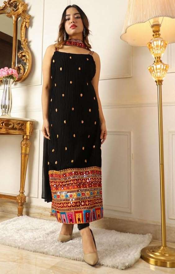 Women's Georgette Embroidery Straight Kurta with Dupatta Bottom Set
