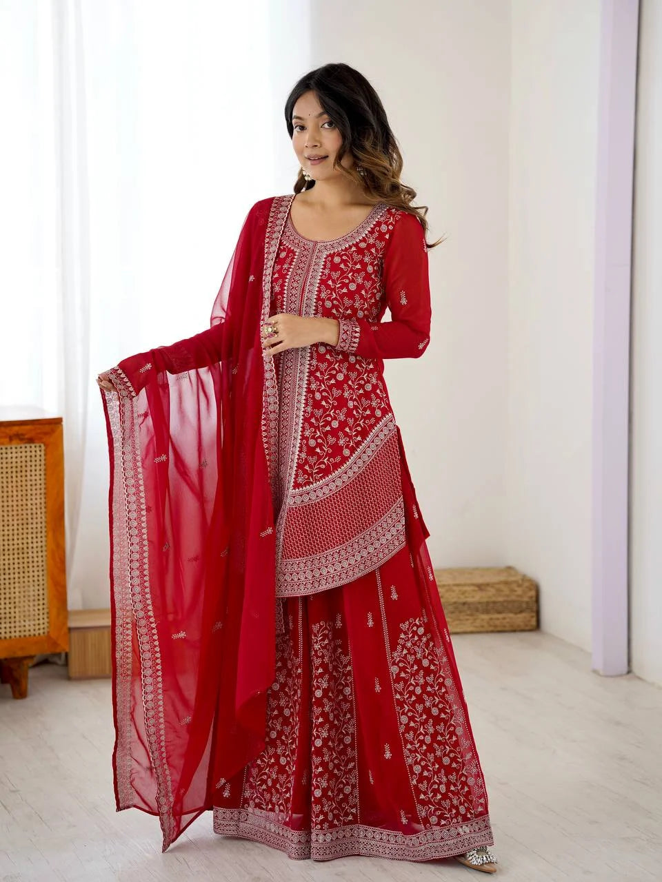 Premium Faux Georgette Embroidered Top with Shaded Chinon Silk Plazzo