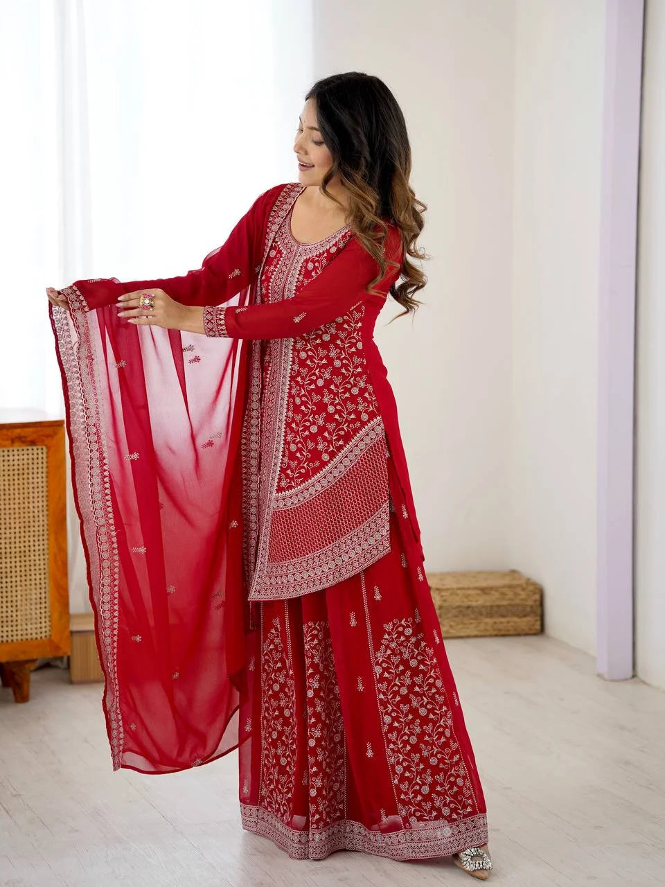 Premium Faux Georgette Embroidered Top with Shaded Chinon Silk Plazzo