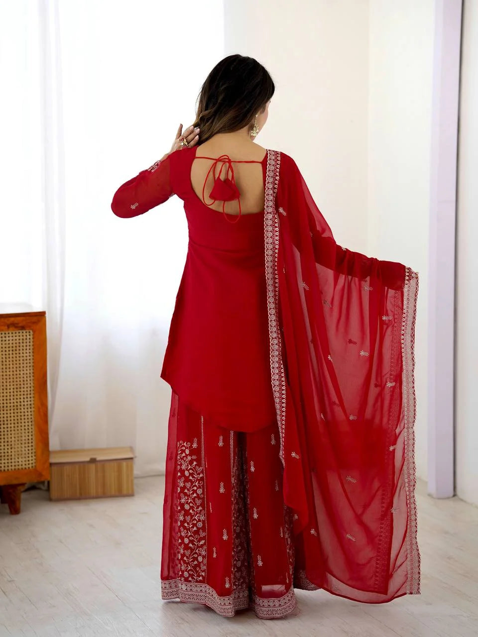 Premium Faux Georgette Embroidered Top with Shaded Chinon Silk Plazzo