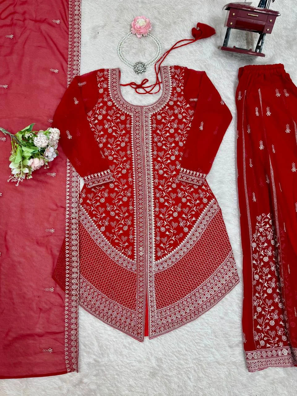 Premium Faux Georgette Embroidered Top with Shaded Chinon Silk Plazzo