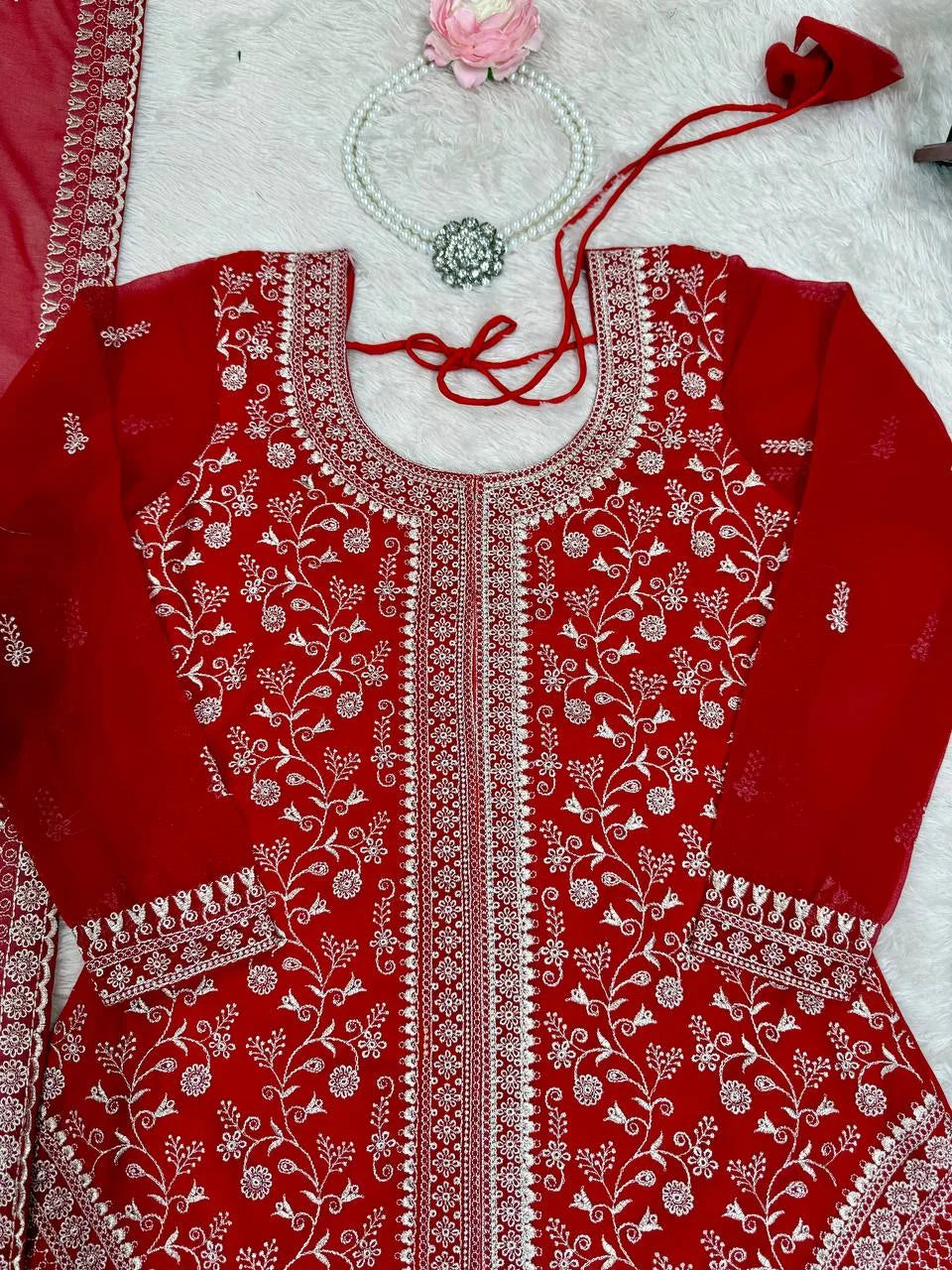 Premium Faux Georgette Embroidered Top with Shaded Chinon Silk Plazzo