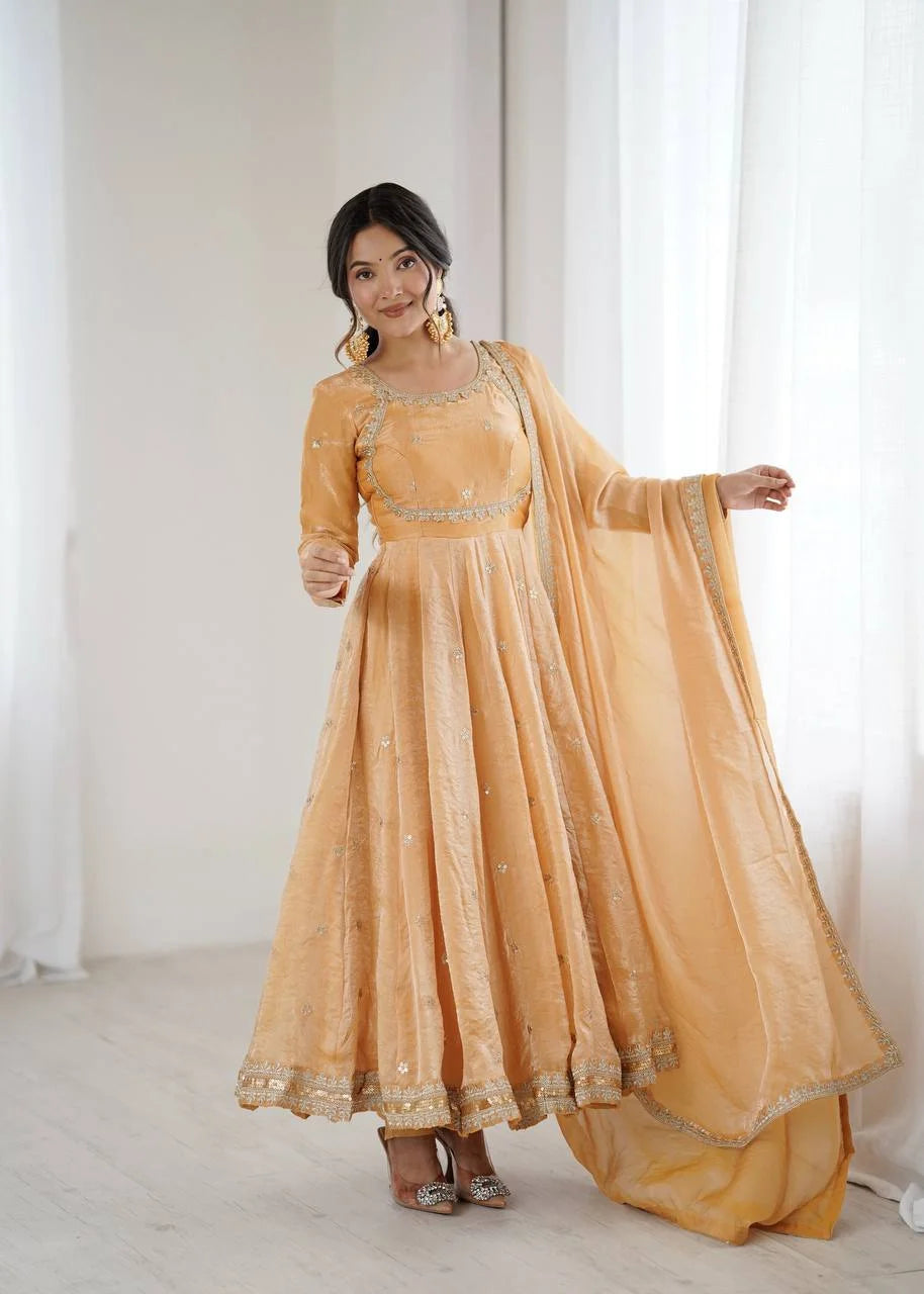 Party Wear Fandy Silk Gown with Pant & Dupatta