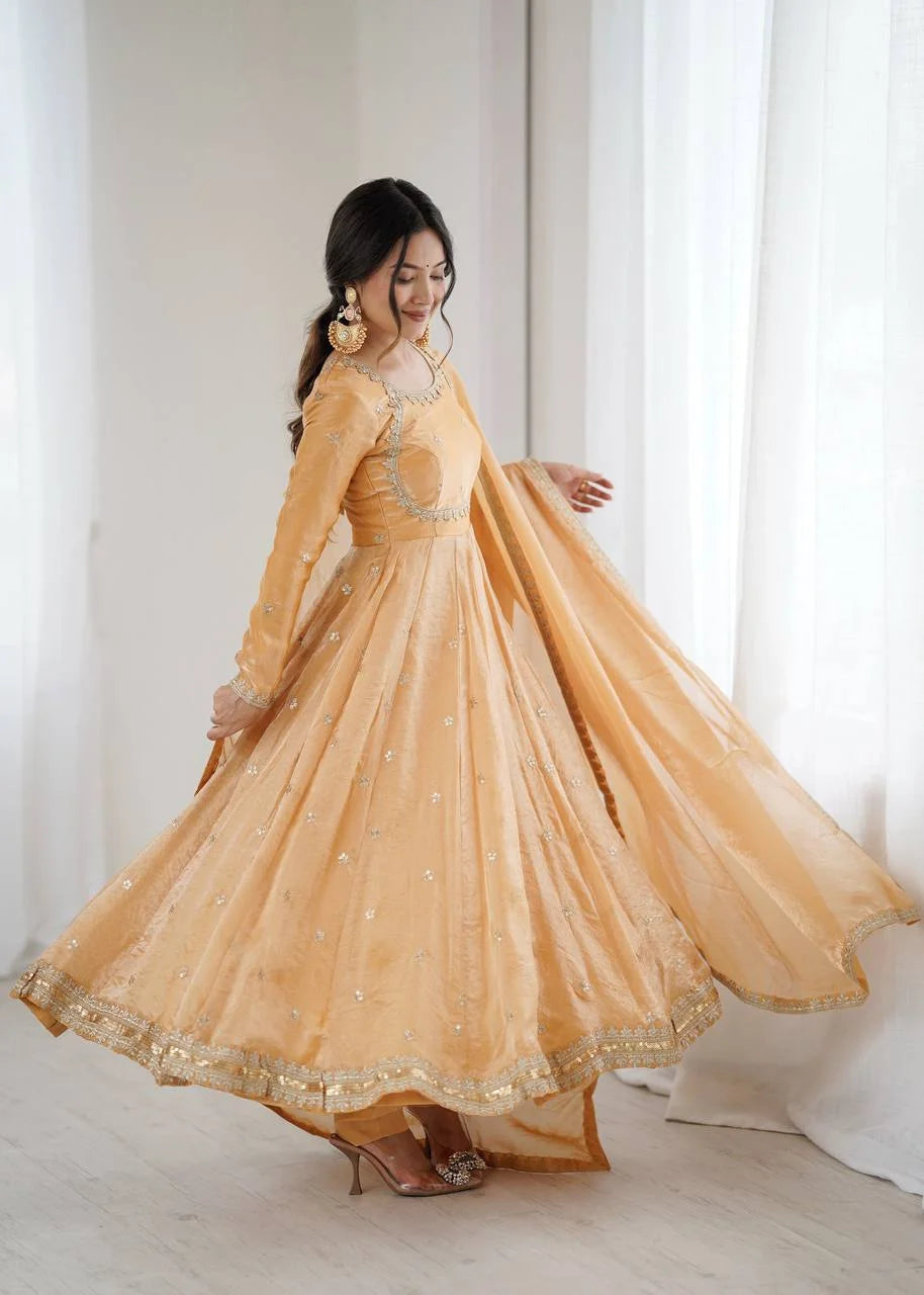Party Wear Fandy Silk Gown with Pant & Dupatta