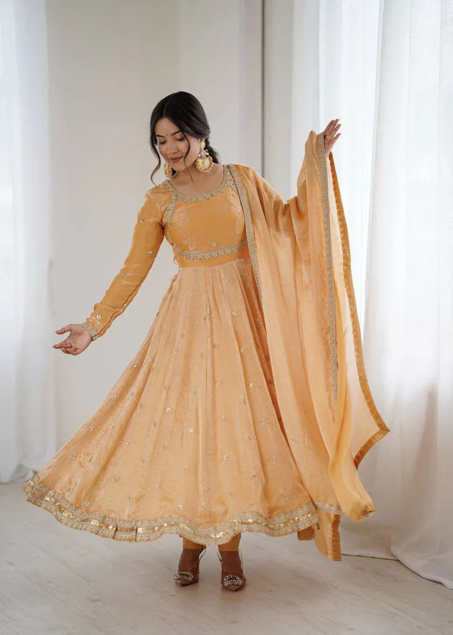 Party Wear Fandy Silk Gown with Pant & Dupatta