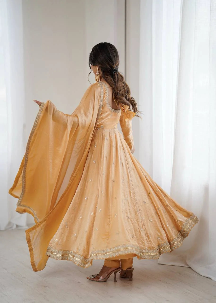 Party Wear Fandy Silk Gown with Pant & Dupatta