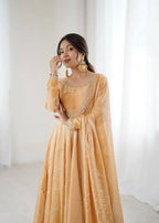 Party Wear Fandy Silk Gown with Pant & Dupatta