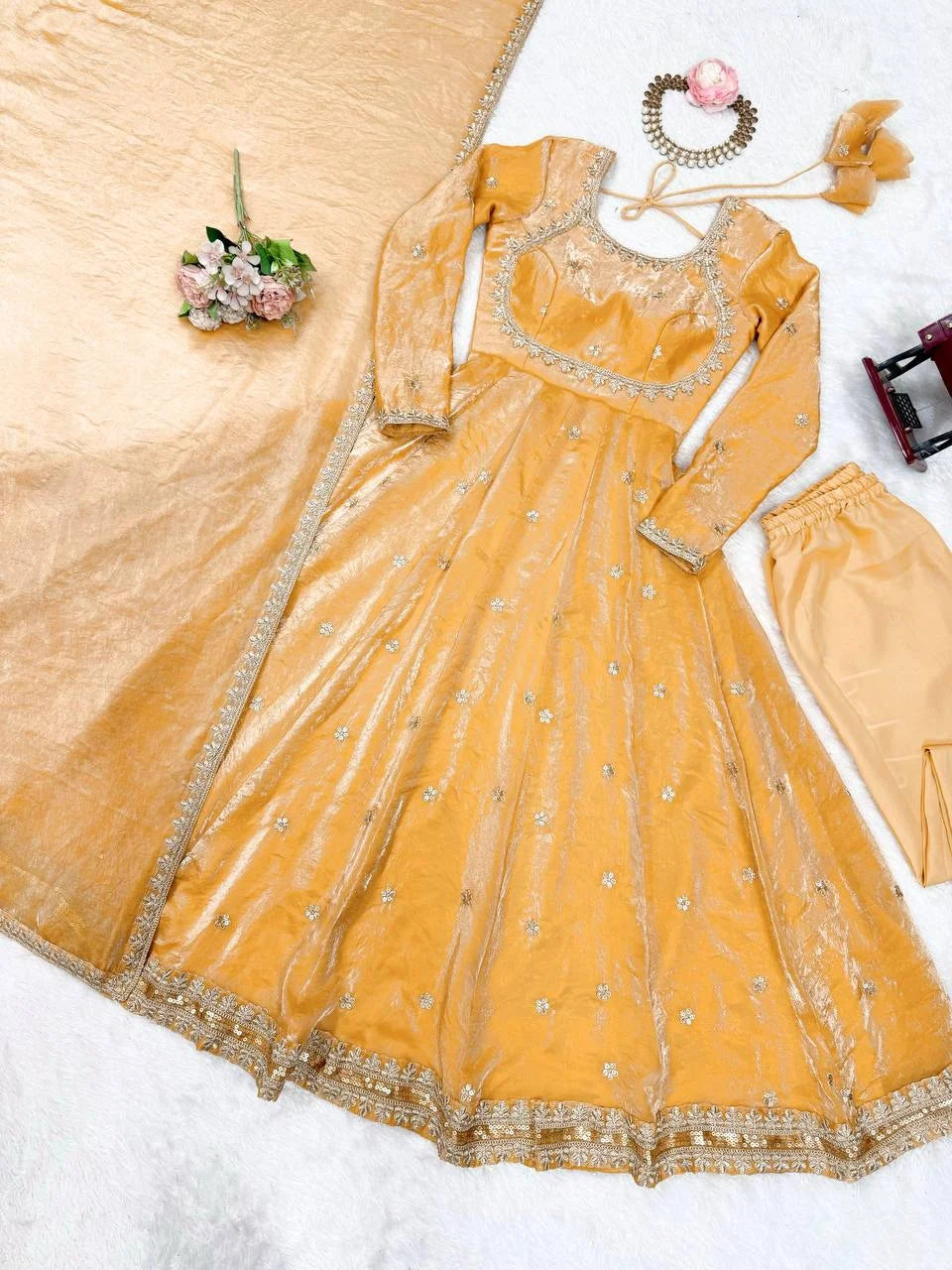 Party Wear Fandy Silk Gown with Pant & Dupatta