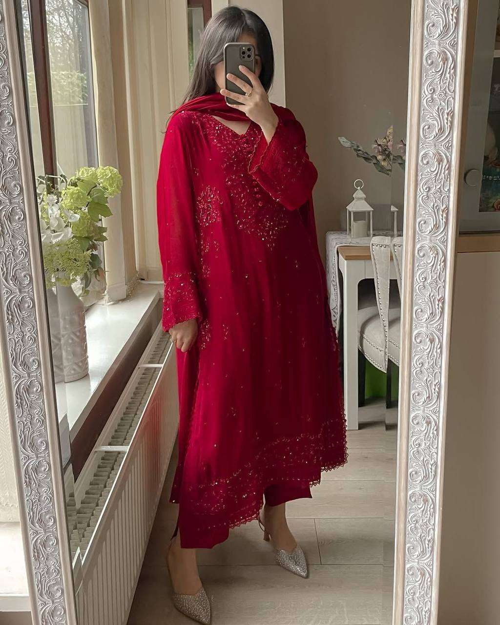 Festive Georgette Embroidery Outfit â€“ Maroon Magic