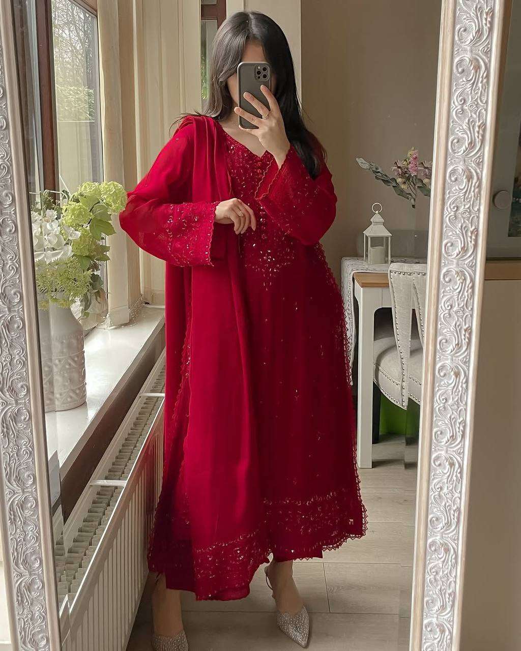 Festive Georgette Embroidery Outfit â€“ Maroon Magic