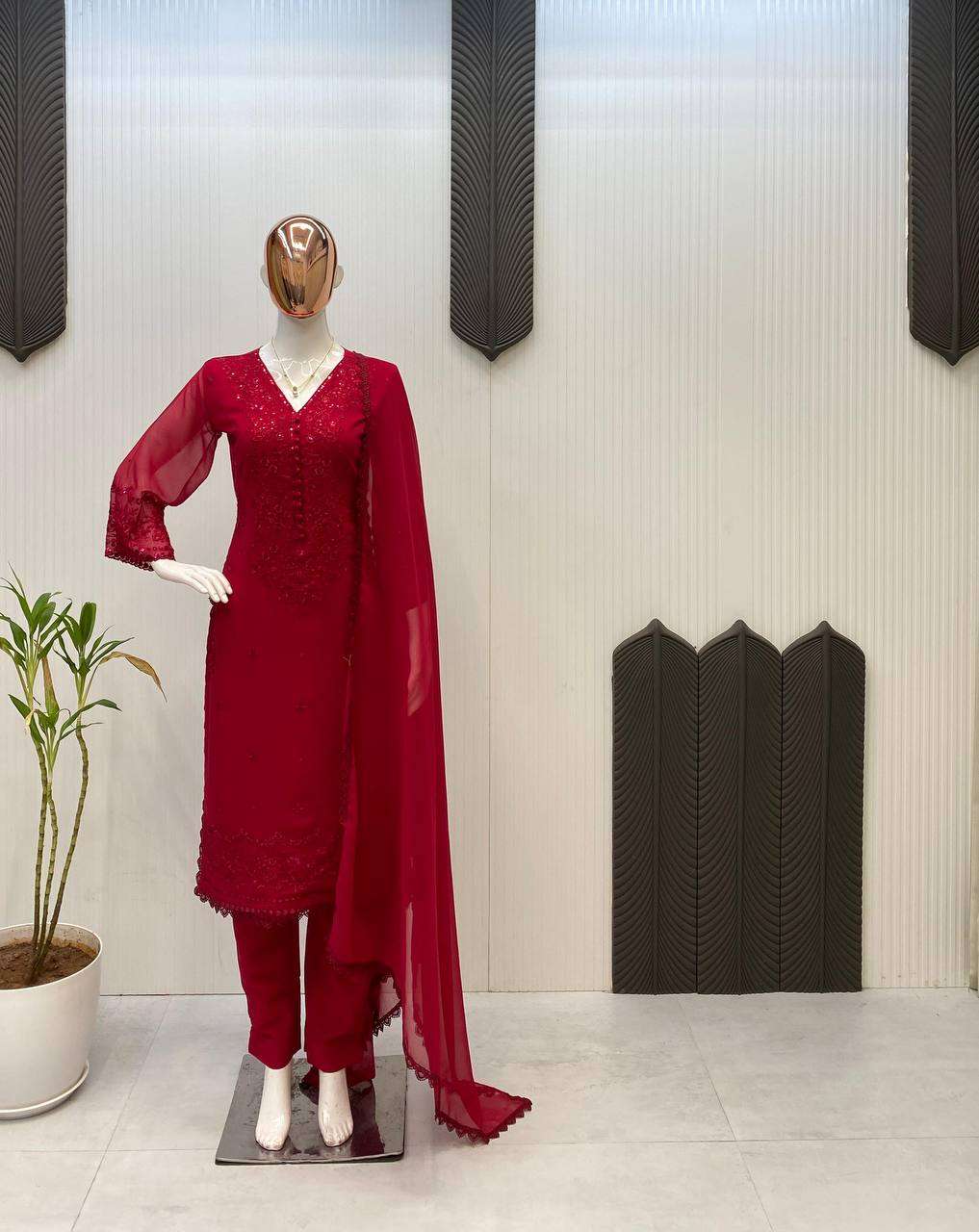Festive Georgette Embroidery Outfit â€“ Maroon Magic