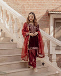 Velvet Embroidered Top with Crepe Silk Sharara & Organza Dupatta Set