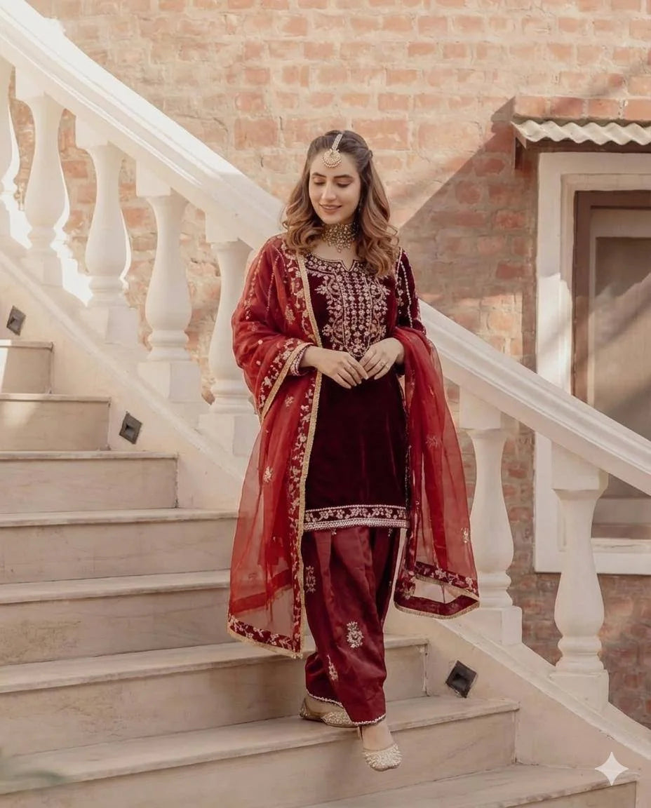 Velvet Embroidered Top with Crepe Silk Sharara & Organza Dupatta Set