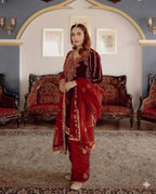 Velvet Embroidered Top with Crepe Silk Sharara & Organza Dupatta Set