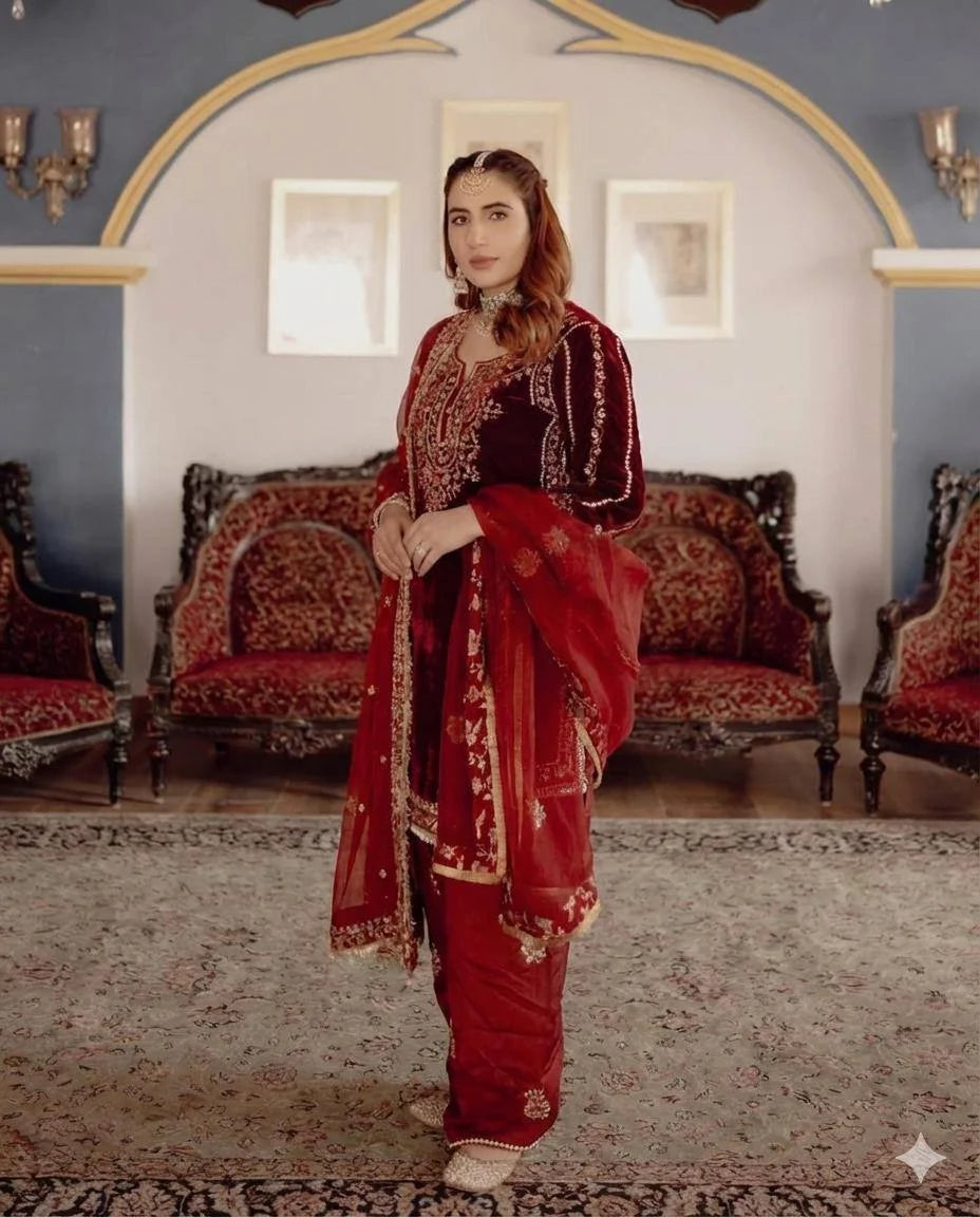 Velvet Embroidered Top with Crepe Silk Sharara & Organza Dupatta Set