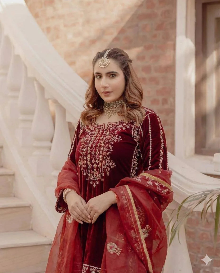 Velvet Embroidered Top with Crepe Silk Sharara & Organza Dupatta Set