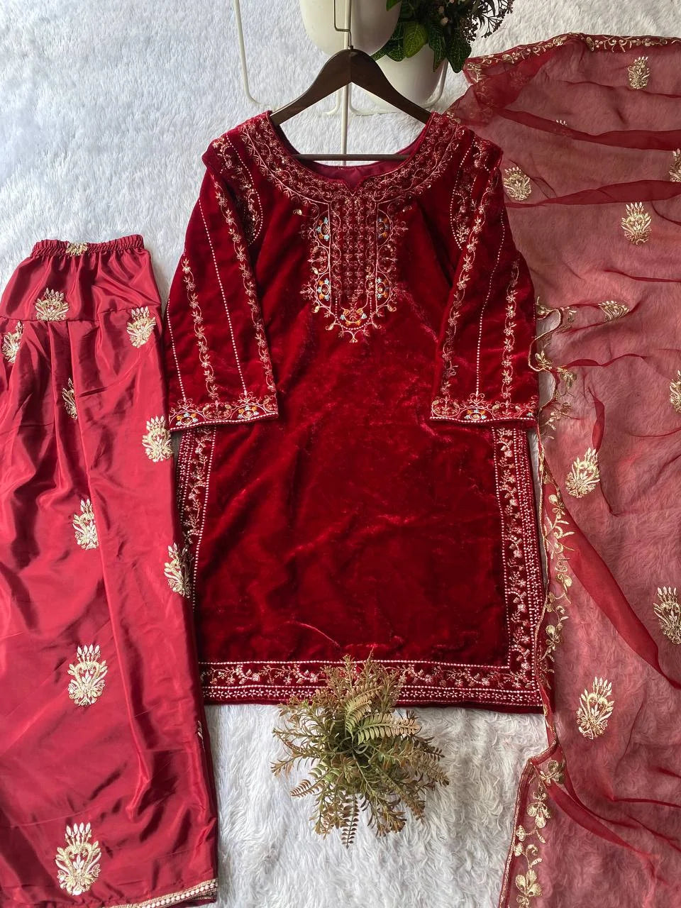 Velvet Embroidered Top with Crepe Silk Sharara & Organza Dupatta Set