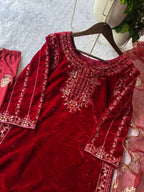 Velvet Embroidered Top with Crepe Silk Sharara & Organza Dupatta Set