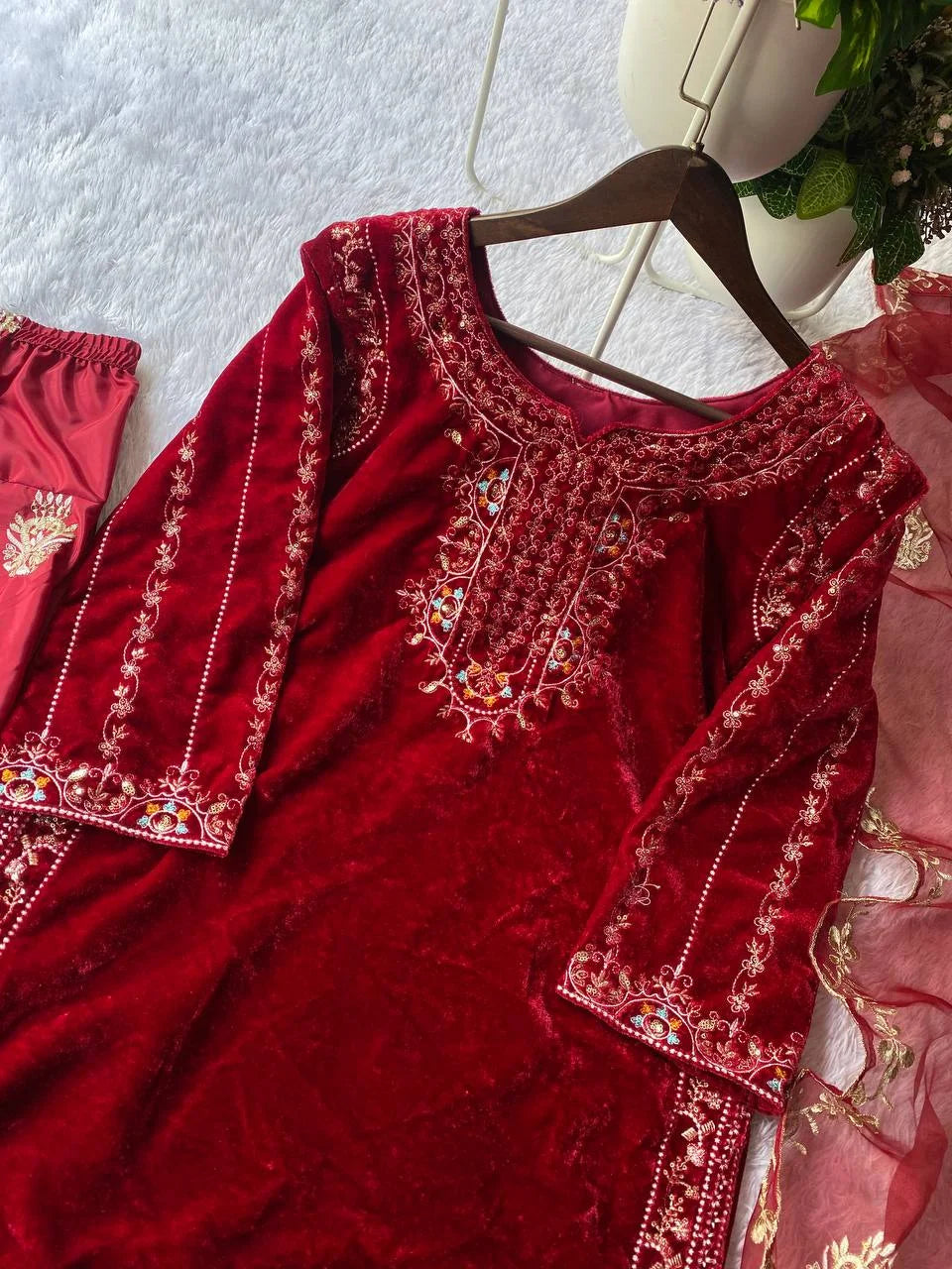 Velvet Embroidered Top with Crepe Silk Sharara & Organza Dupatta Set