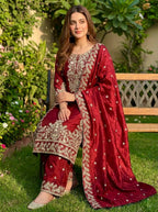 Luxury Festive Red GMY Silk Embroidered Top Plazzo Set