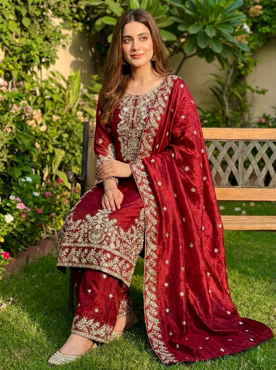 Luxury Festive Red GMY Silk Embroidered Top Plazzo Set