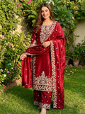 Luxury Festive Red GMY Silk Embroidered Top Plazzo Set