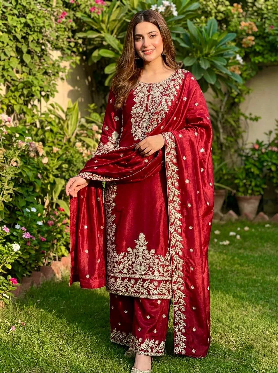 Luxury Festive Red GMY Silk Embroidered Top Plazzo Set