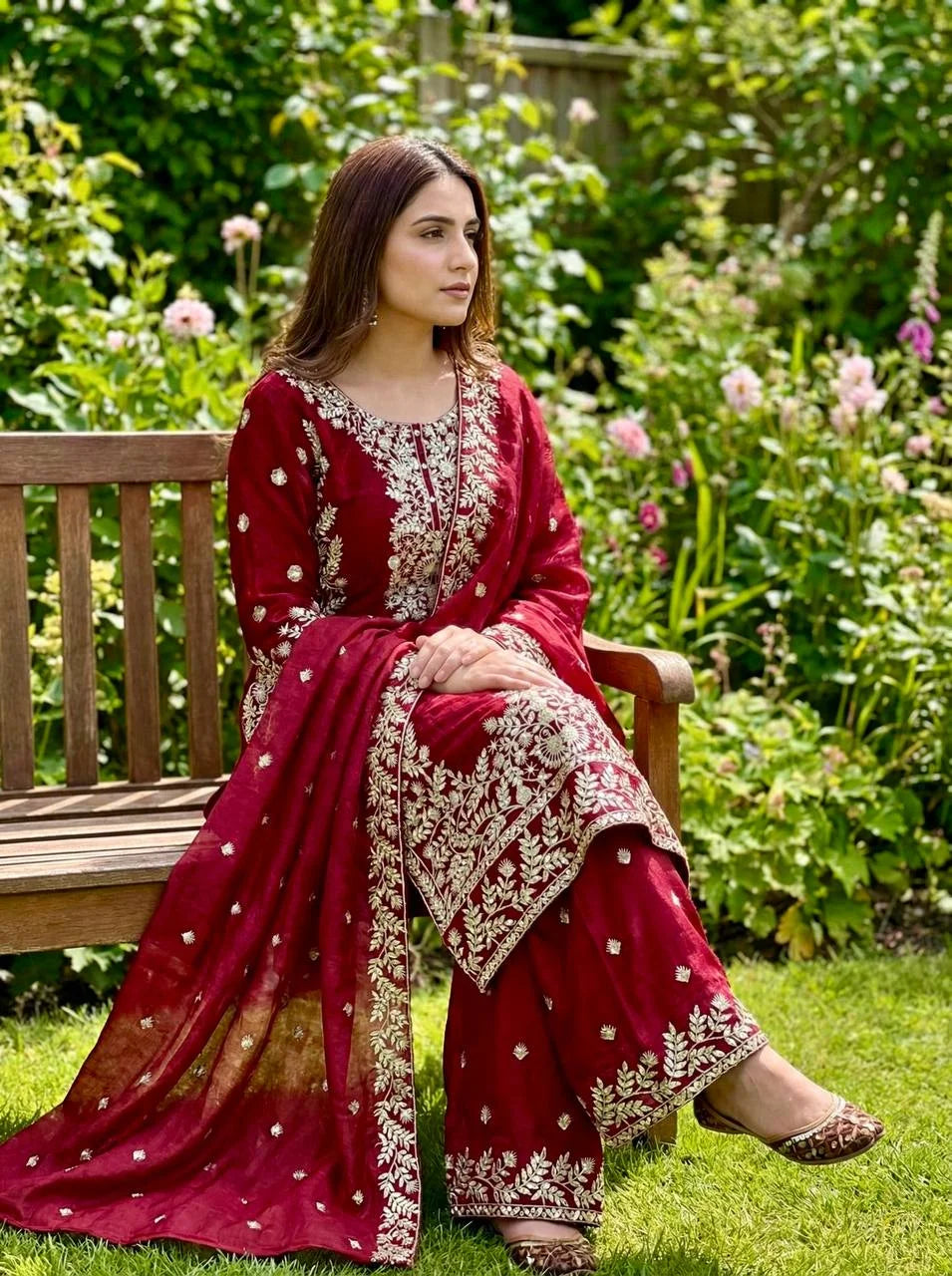 Luxury Festive Red GMY Silk Embroidered Top Plazzo Set