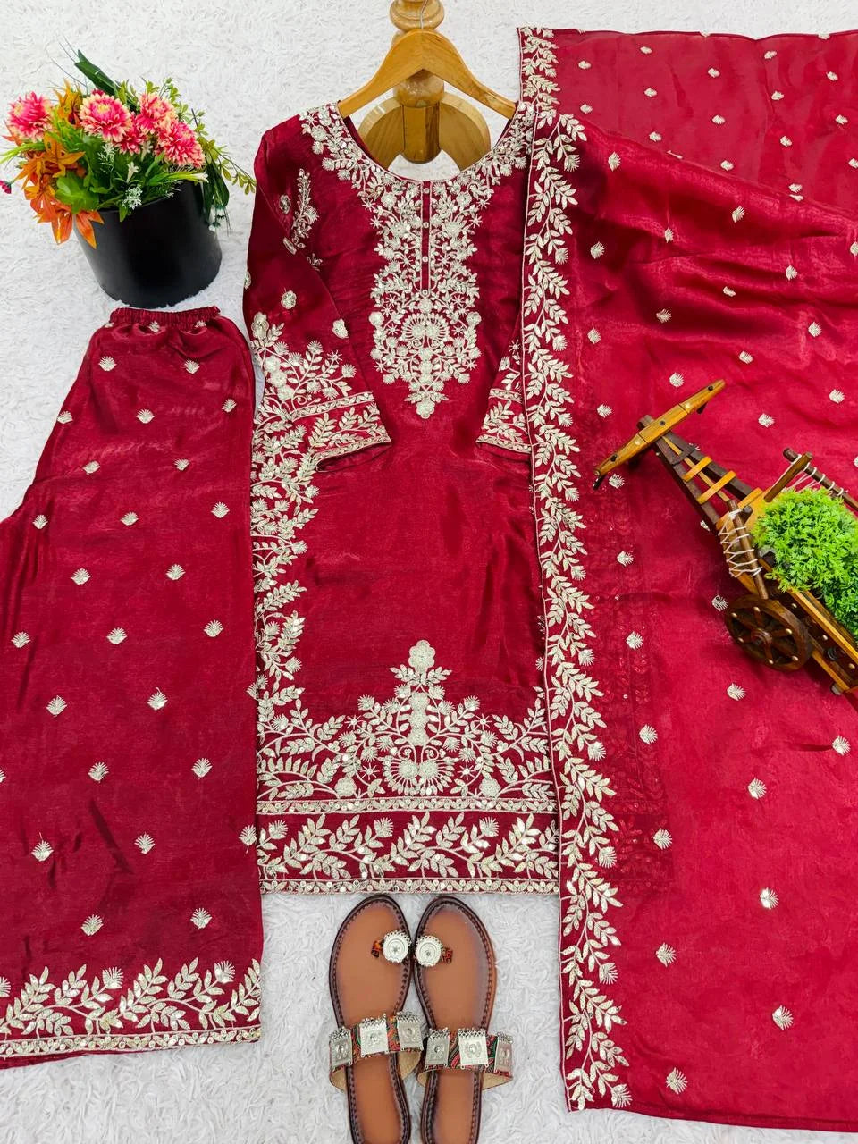 Luxury Festive Red GMY Silk Embroidered Top Plazzo Set