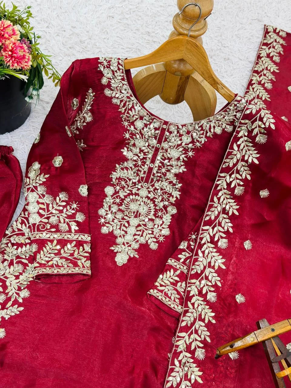 Luxury Festive Red GMY Silk Embroidered Top Plazzo Set