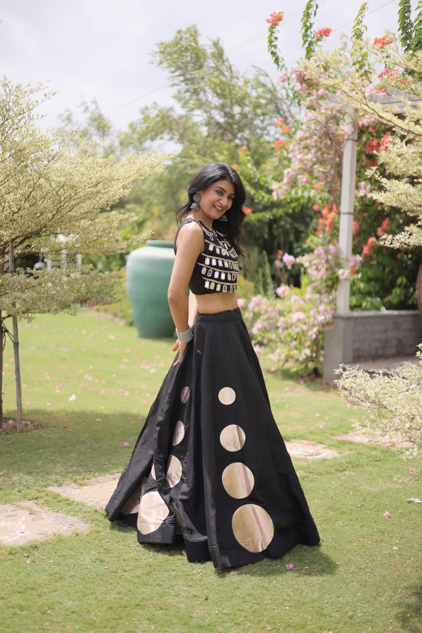 Elegant Black Roman Silk Lehenga Outfit for Navratri, Garba & Party Wear
