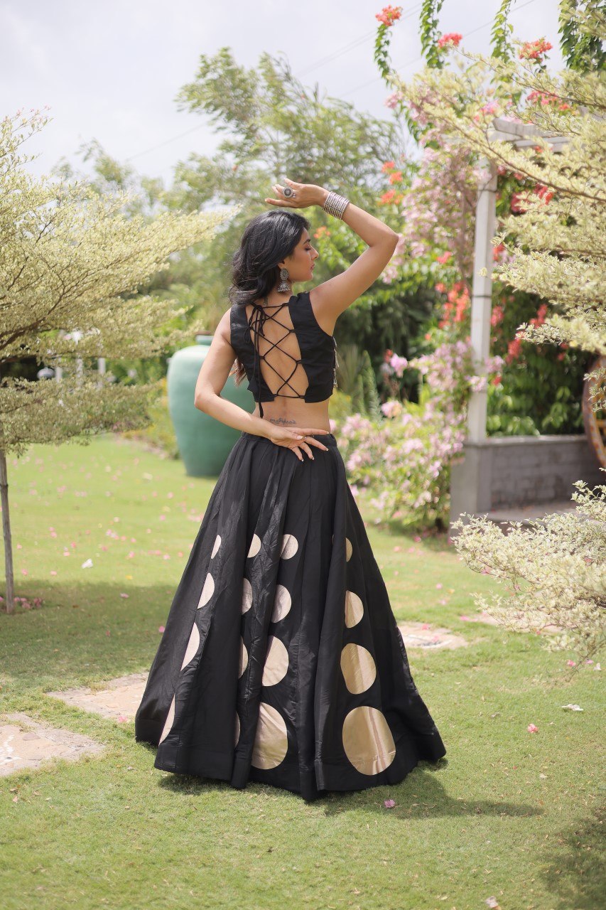 Elegant Black Roman Silk Lehenga Outfit for Navratri, Garba & Party Wear