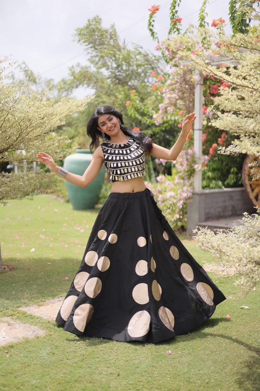 Elegant Black Roman Silk Lehenga Outfit for Navratri, Garba & Party Wear